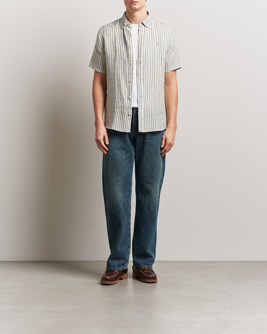 Homme | Chemises | LES DEUX | Kris Linen Short Sleeve Shirt Ivory/Green