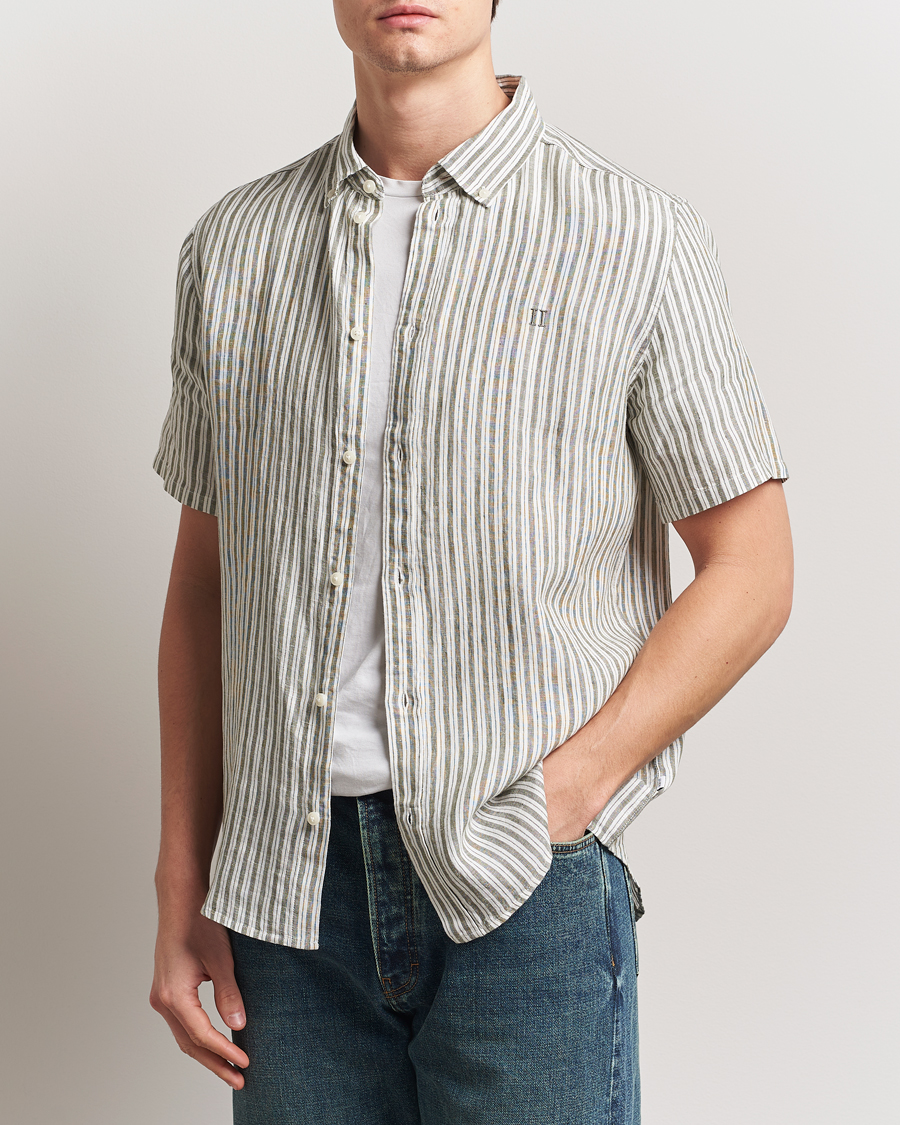Homme | Chemises | LES DEUX | Kris Linen Short Sleeve Shirt Ivory/Green