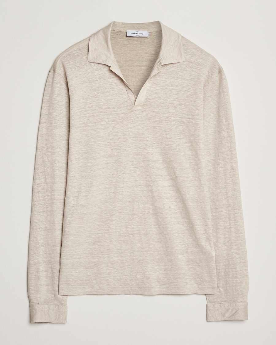Homme | Polos | Gran Sasso | Washed Linen Long Sleeve Polo Beige Melange
