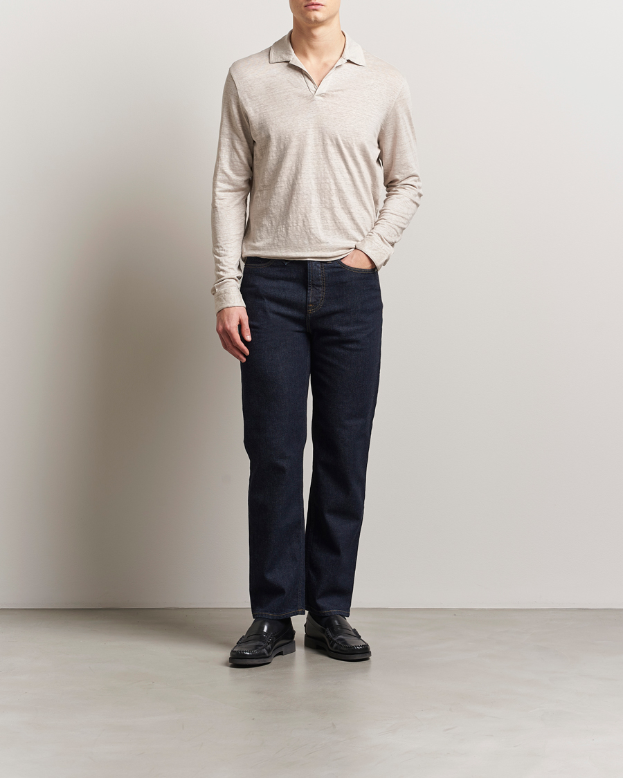 Homme | Polos | Gran Sasso | Washed Linen Long Sleeve Polo Beige Melange