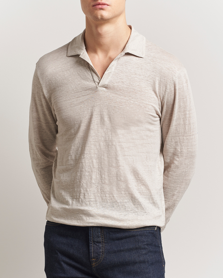 Homme | Polos | Gran Sasso | Washed Linen Long Sleeve Polo Beige Melange