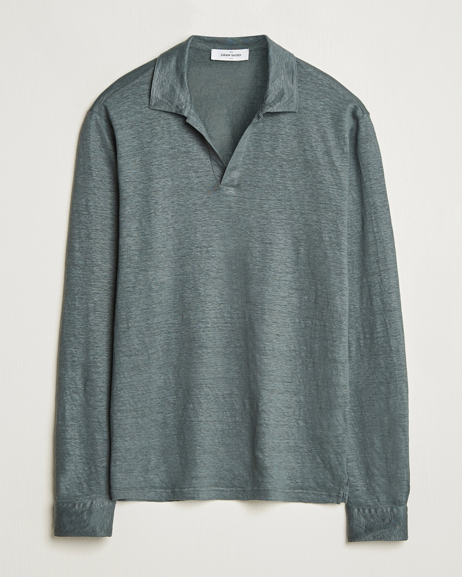 Homme | Pulls Et Tricots | Gran Sasso | Washed Linen Long Sleeve Polo Green Melange