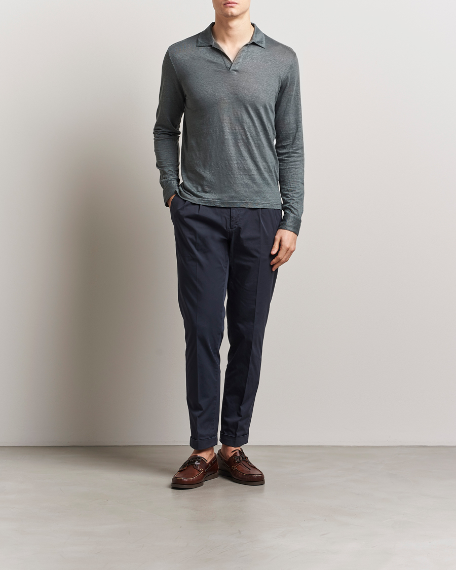 Homme | Pulls Et Tricots | Gran Sasso | Washed Linen Long Sleeve Polo Green Melange