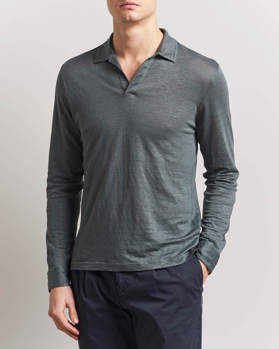 Homme | Pulls Et Tricots | Gran Sasso | Washed Linen Long Sleeve Polo Green Melange