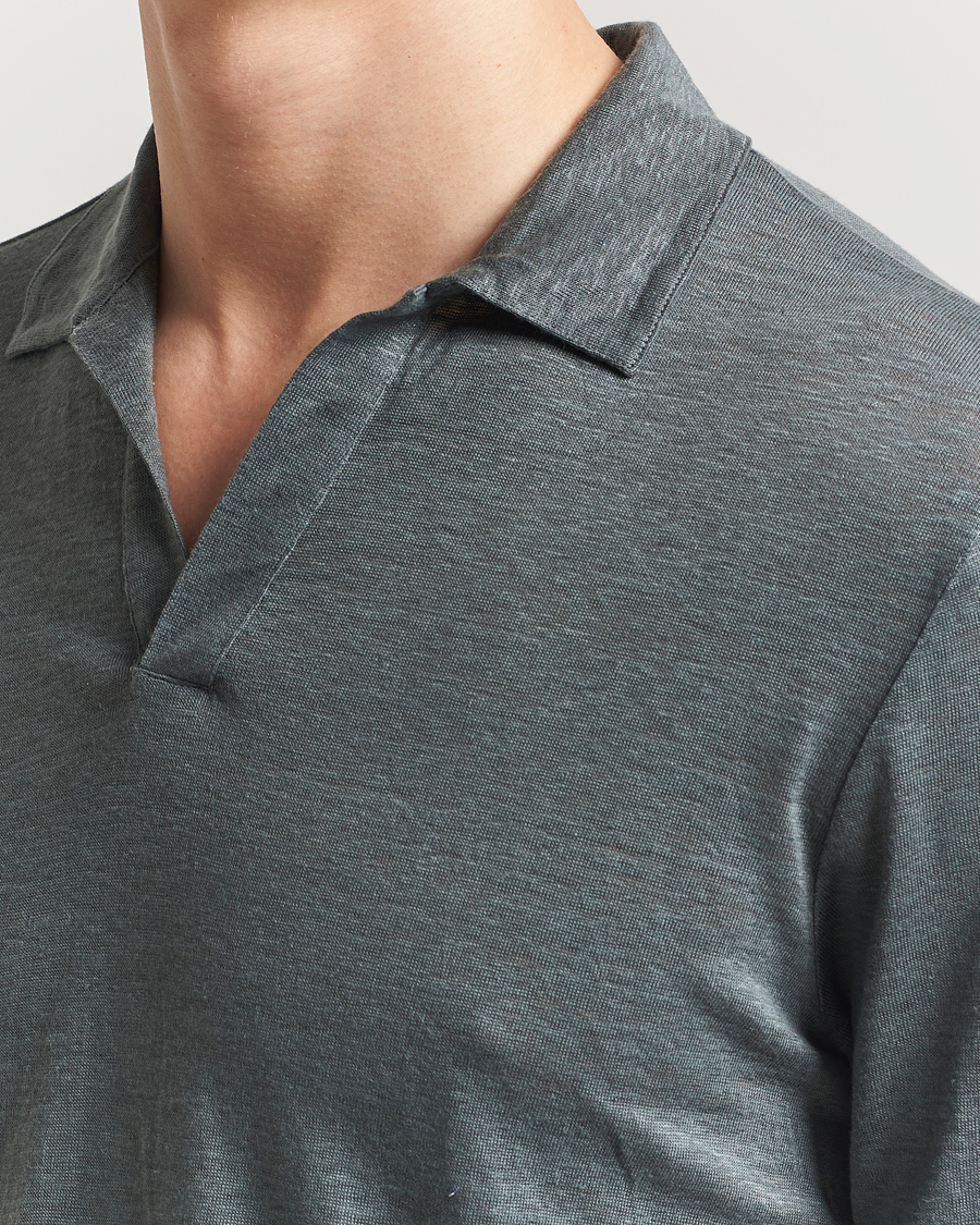 Homme | Pulls Et Tricots | Gran Sasso | Washed Linen Long Sleeve Polo Green Melange