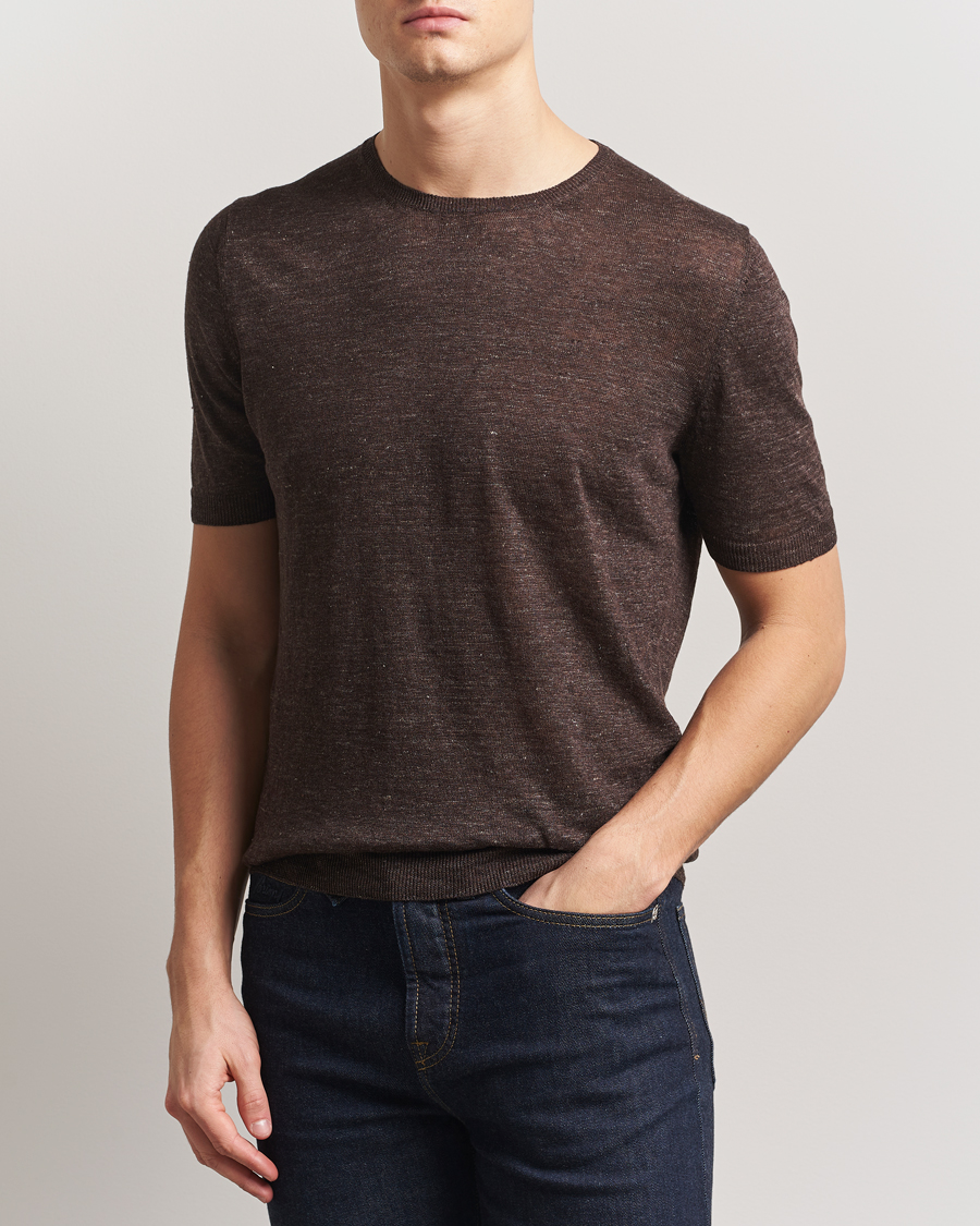 Homme | T-shirts | Gran Sasso | Knitted Linen T-Shirt Dark Brown Melange