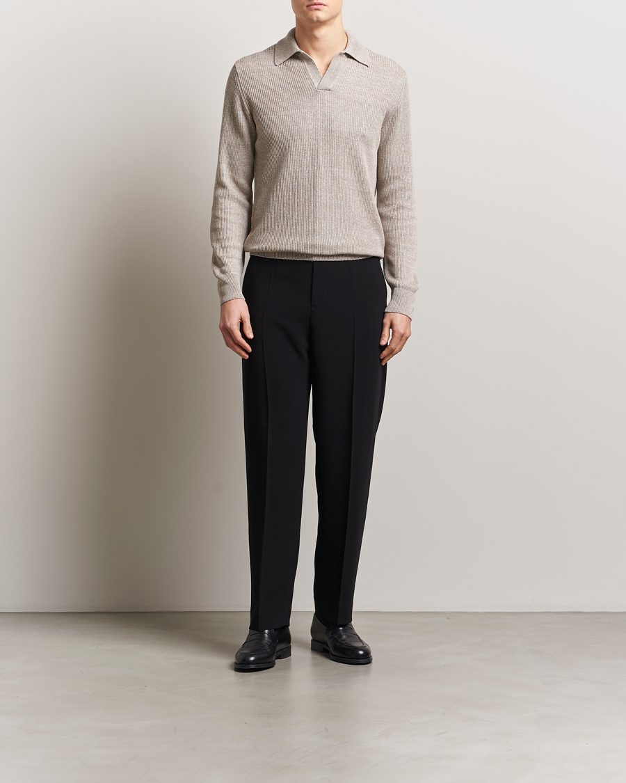 Homme | Pulls Et Tricots | Gran Sasso | Linen/Cotton Open Collar Knitted Polo Beige Melange