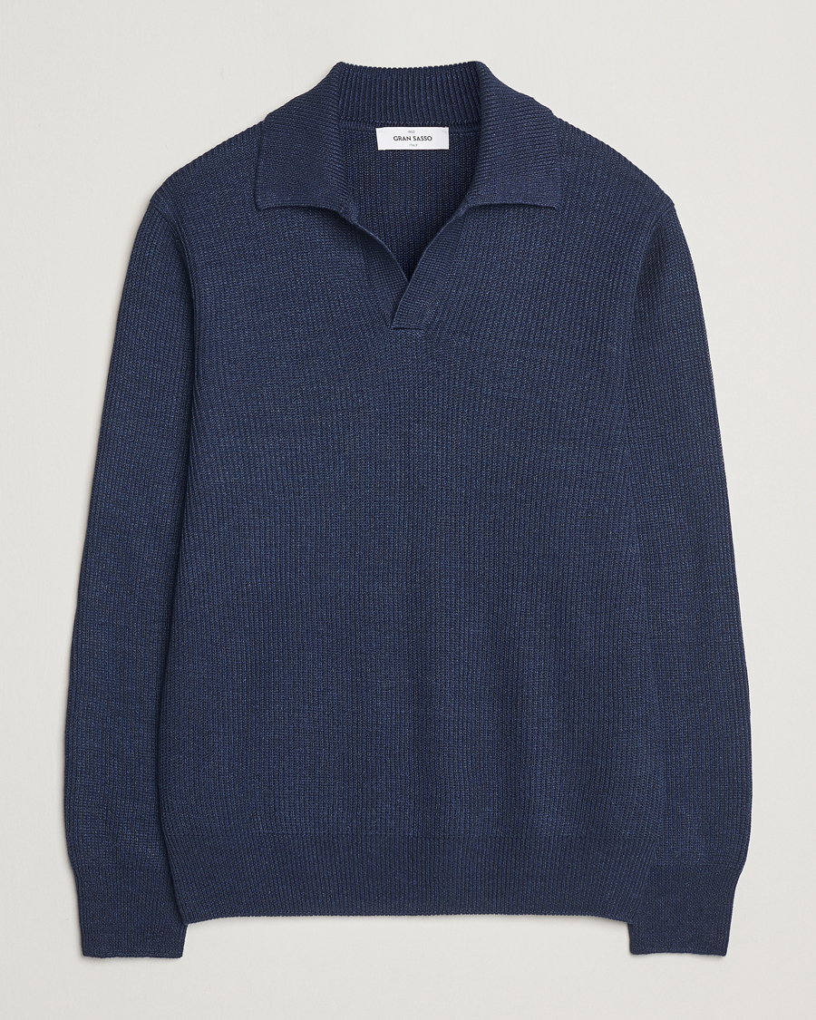 Homme | Pulls Et Tricots | Gran Sasso | Linen/Cotton Open Collar Knitted Polo Navy Melange