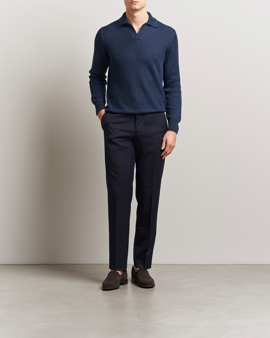 Homme | Pulls Et Tricots | Gran Sasso | Linen/Cotton Open Collar Knitted Polo Navy Melange