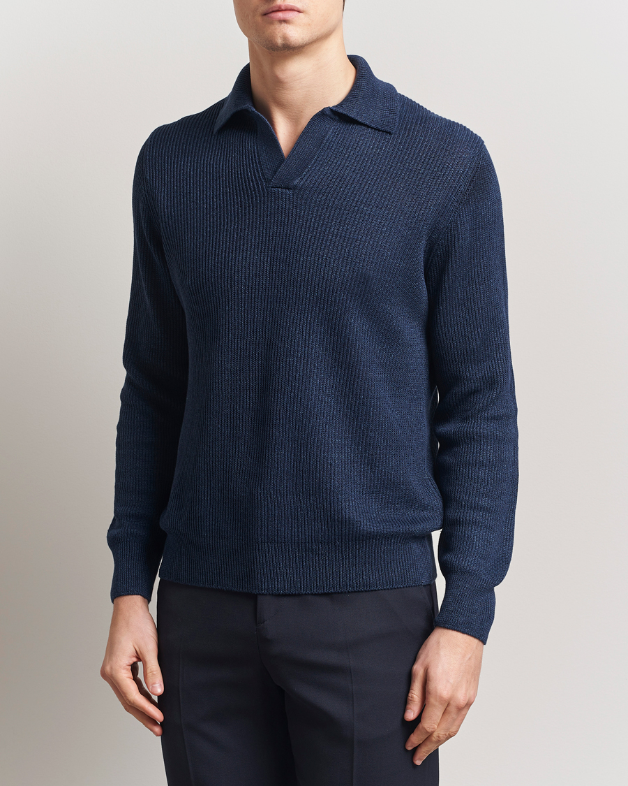 Homme | Pulls Et Tricots | Gran Sasso | Linen/Cotton Open Collar Knitted Polo Navy Melange
