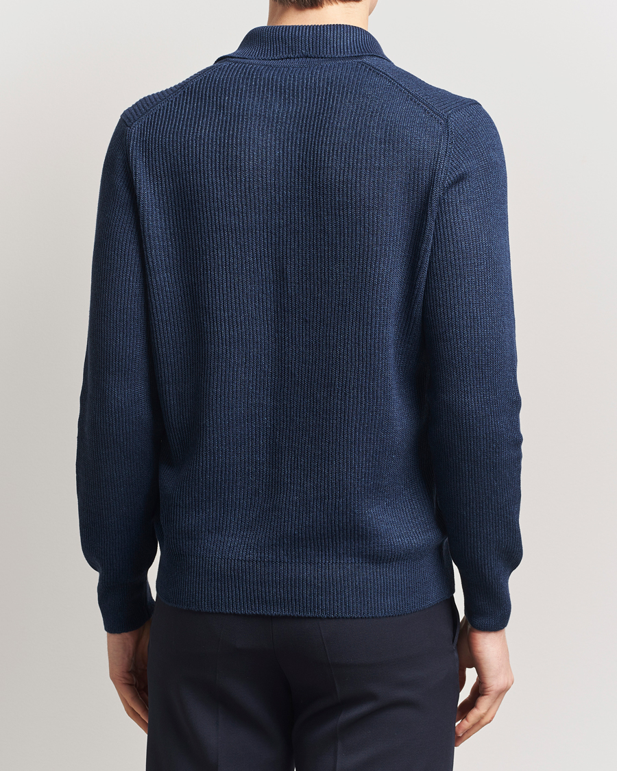 Homme | Pulls Et Tricots | Gran Sasso | Linen/Cotton Open Collar Knitted Polo Navy Melange