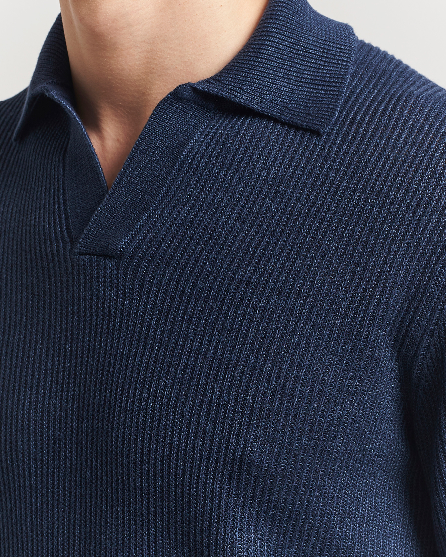 Homme | Pulls Et Tricots | Gran Sasso | Linen/Cotton Open Collar Knitted Polo Navy Melange