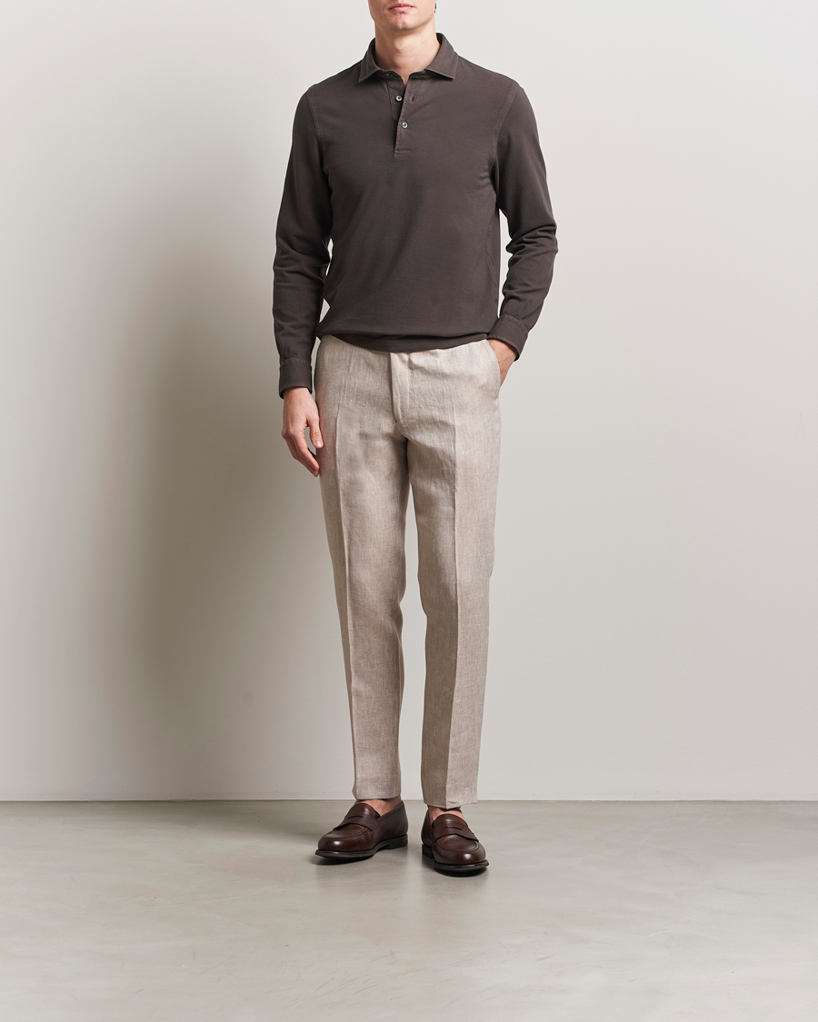 Homme | Pulls Et Tricots | Gran Sasso | Washed Long Sleeve Polo Dark Brown