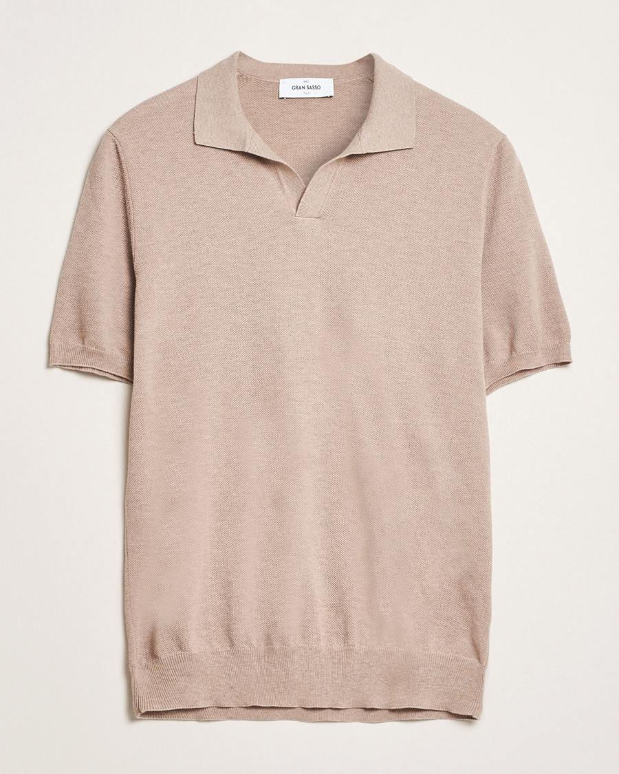 Homme | Polos | Gran Sasso | Cotton Structured Knitted Open Collar Polo Beige