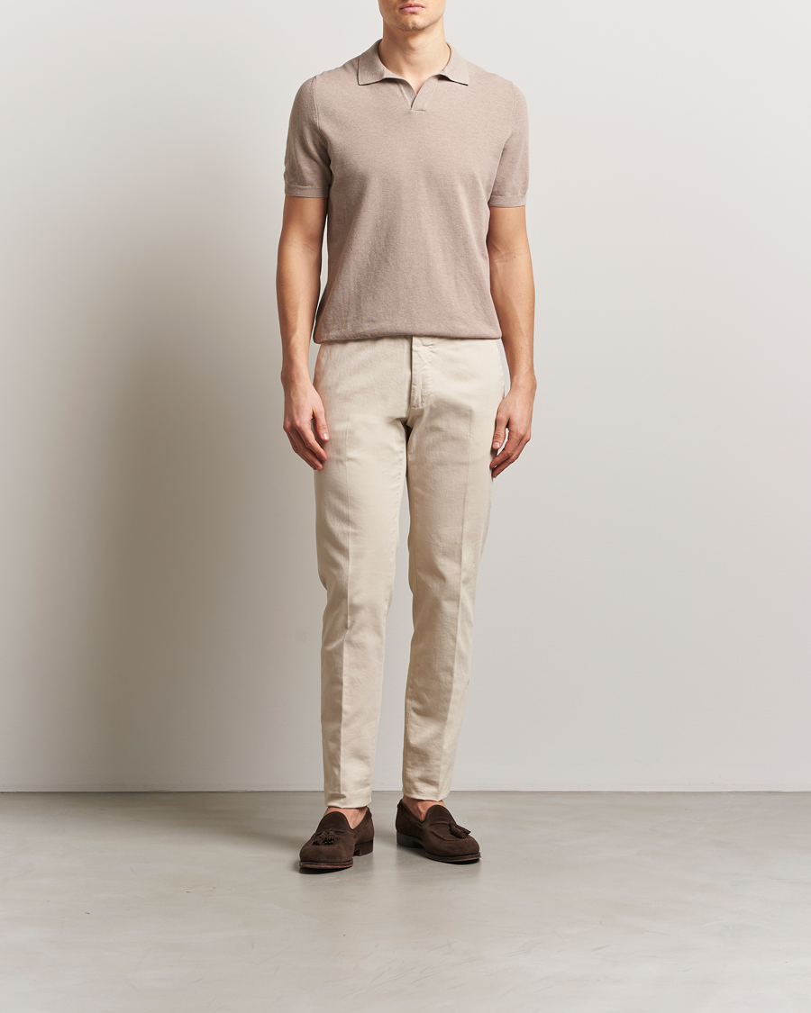Homme | Polos | Gran Sasso | Cotton Structured Knitted Open Collar Polo Beige