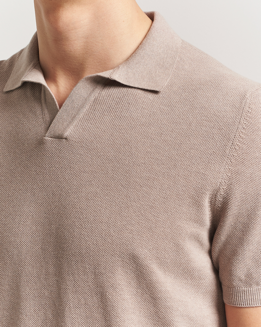 Homme | Polos | Gran Sasso | Cotton Structured Knitted Open Collar Polo Beige