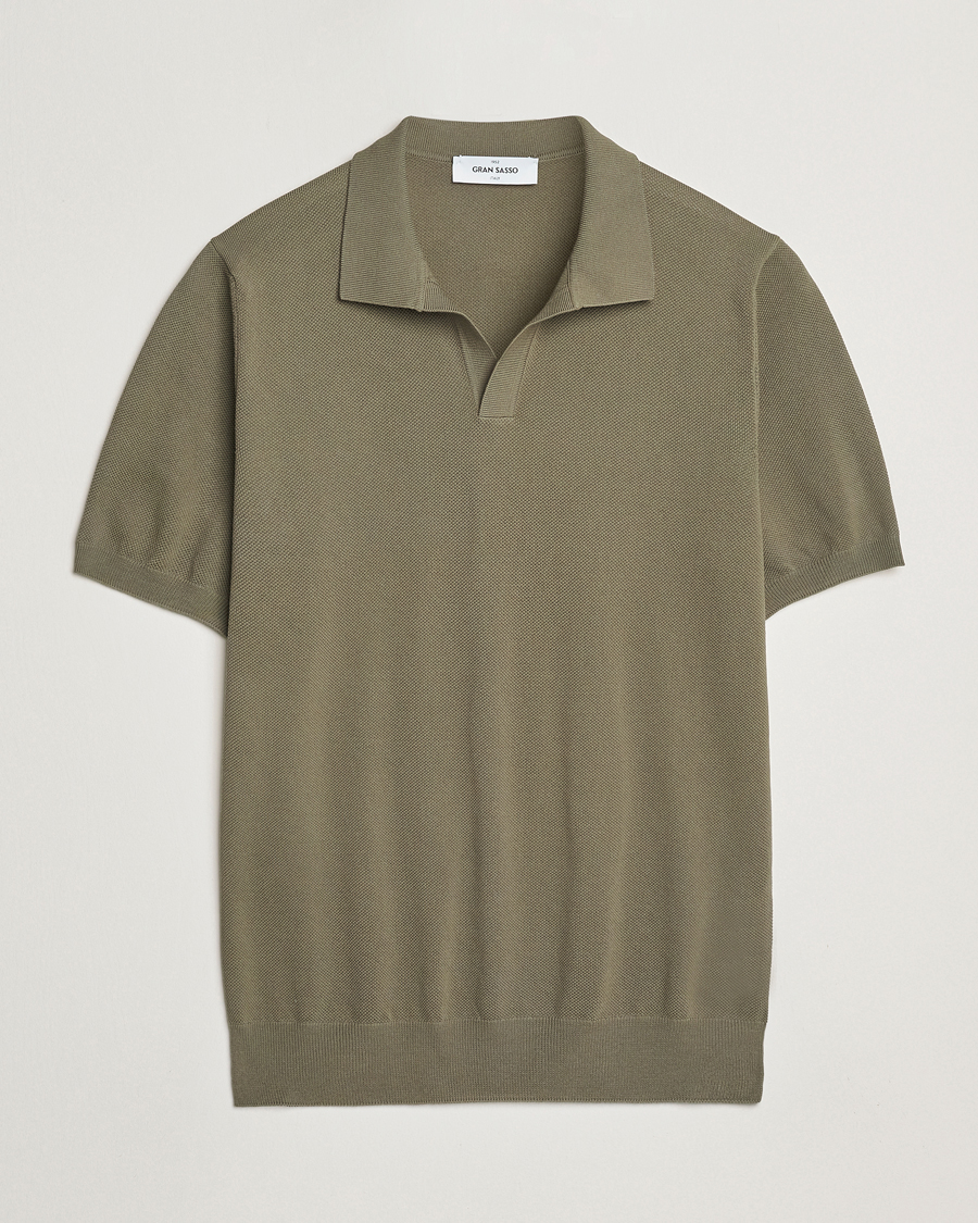 Homme | Polos | Gran Sasso | Cotton Structured Knitted Open Collar Polo Olive