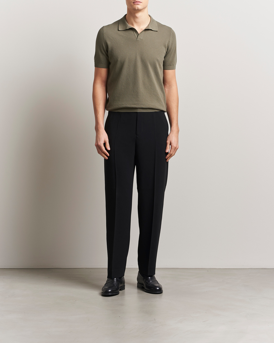 Homme | Polos | Gran Sasso | Cotton Structured Knitted Open Collar Polo Olive