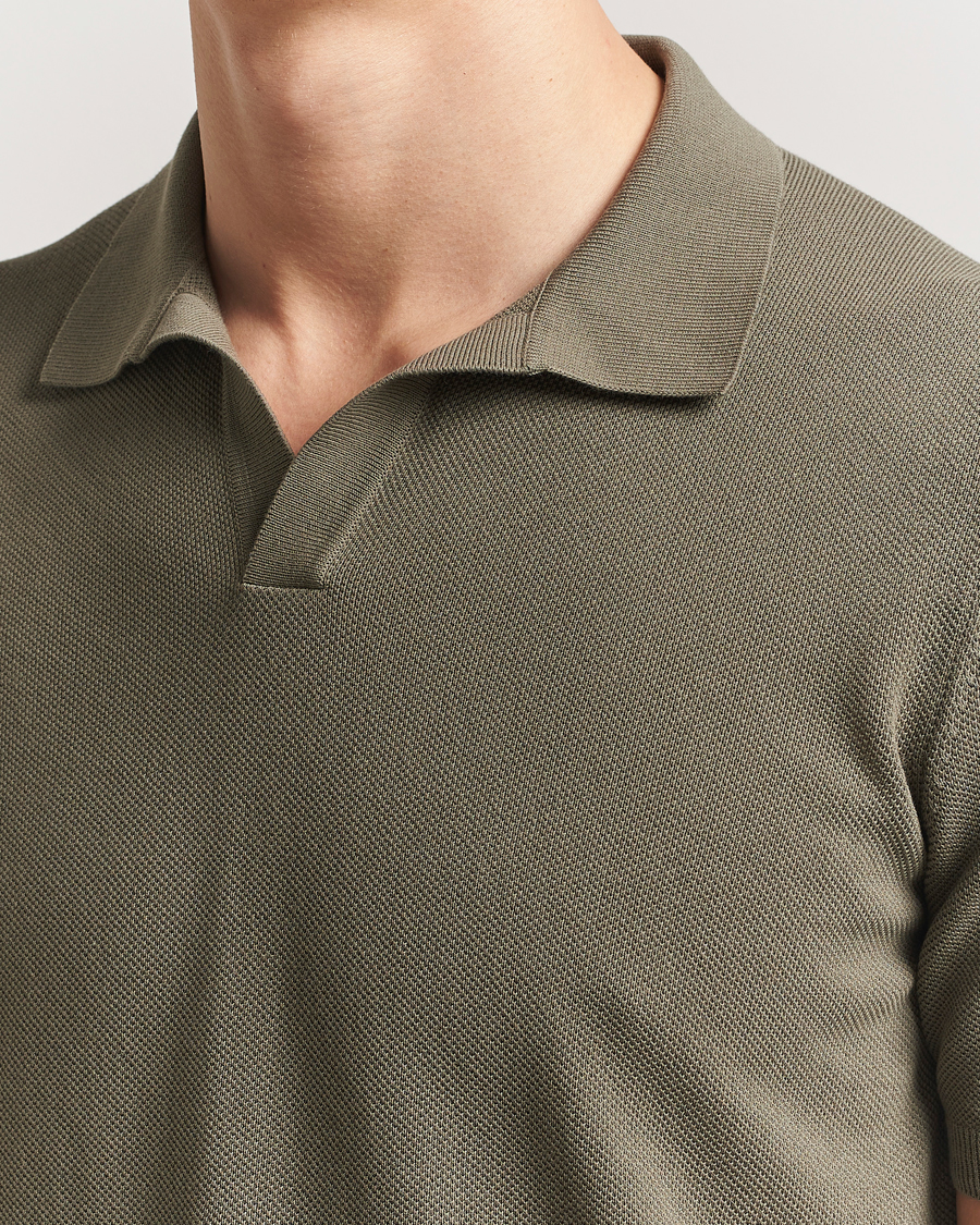 Homme | Polos | Gran Sasso | Cotton Structured Knitted Open Collar Polo Olive
