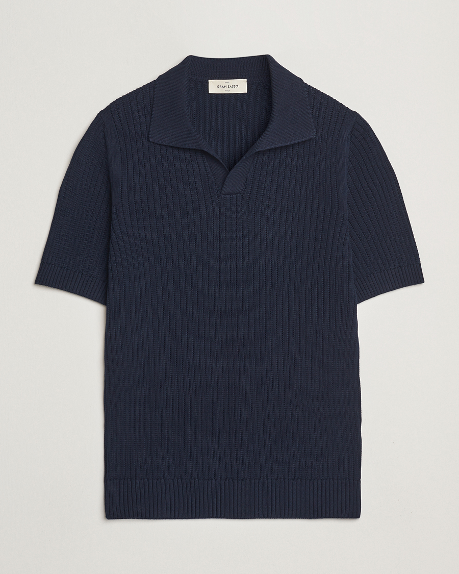 Homme | Polos | Gran Sasso | Cotton Heavy Knitted Open Collar Polo Navy