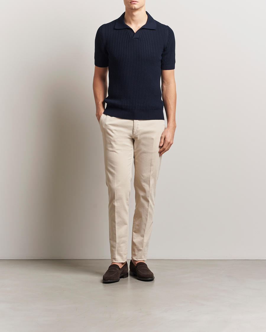 Homme | Polos | Gran Sasso | Cotton Heavy Knitted Open Collar Polo Navy