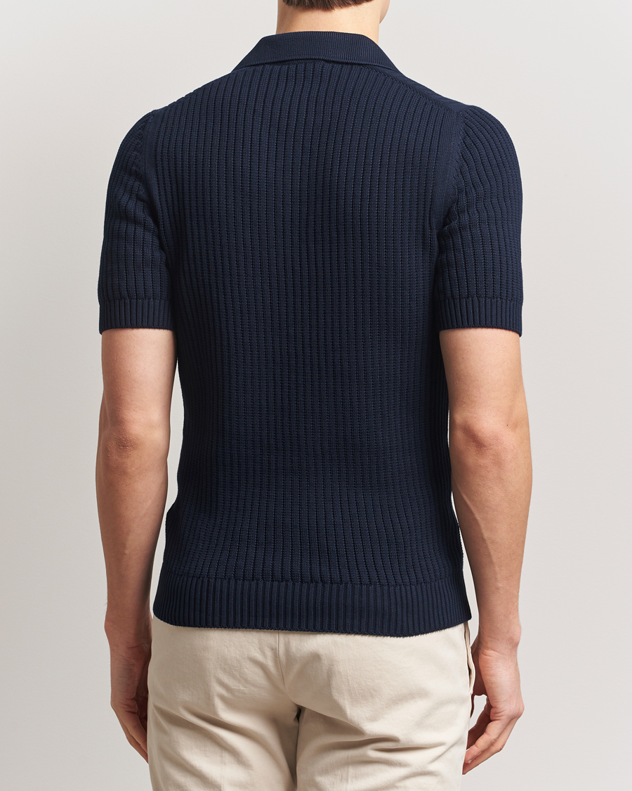 Homme | Polos | Gran Sasso | Cotton Heavy Knitted Open Collar Polo Navy