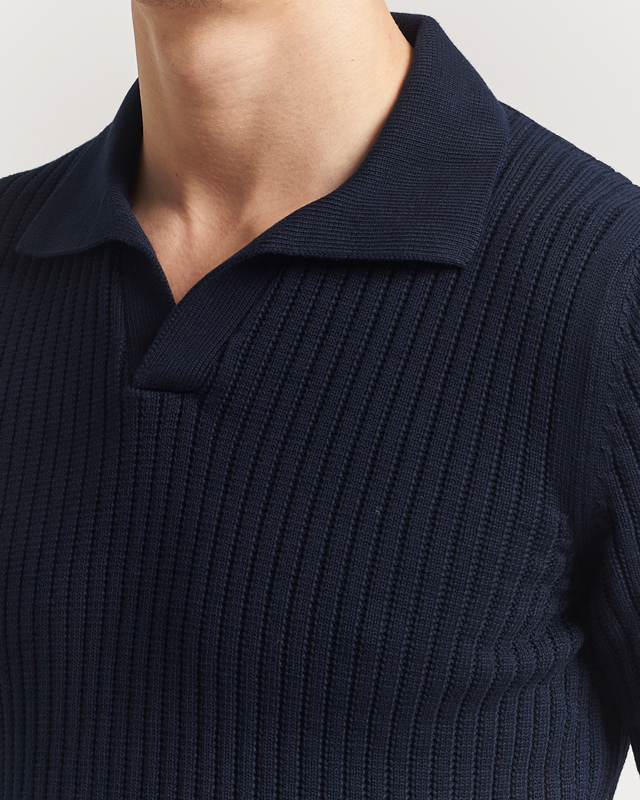 Homme | Polos | Gran Sasso | Cotton Heavy Knitted Open Collar Polo Navy