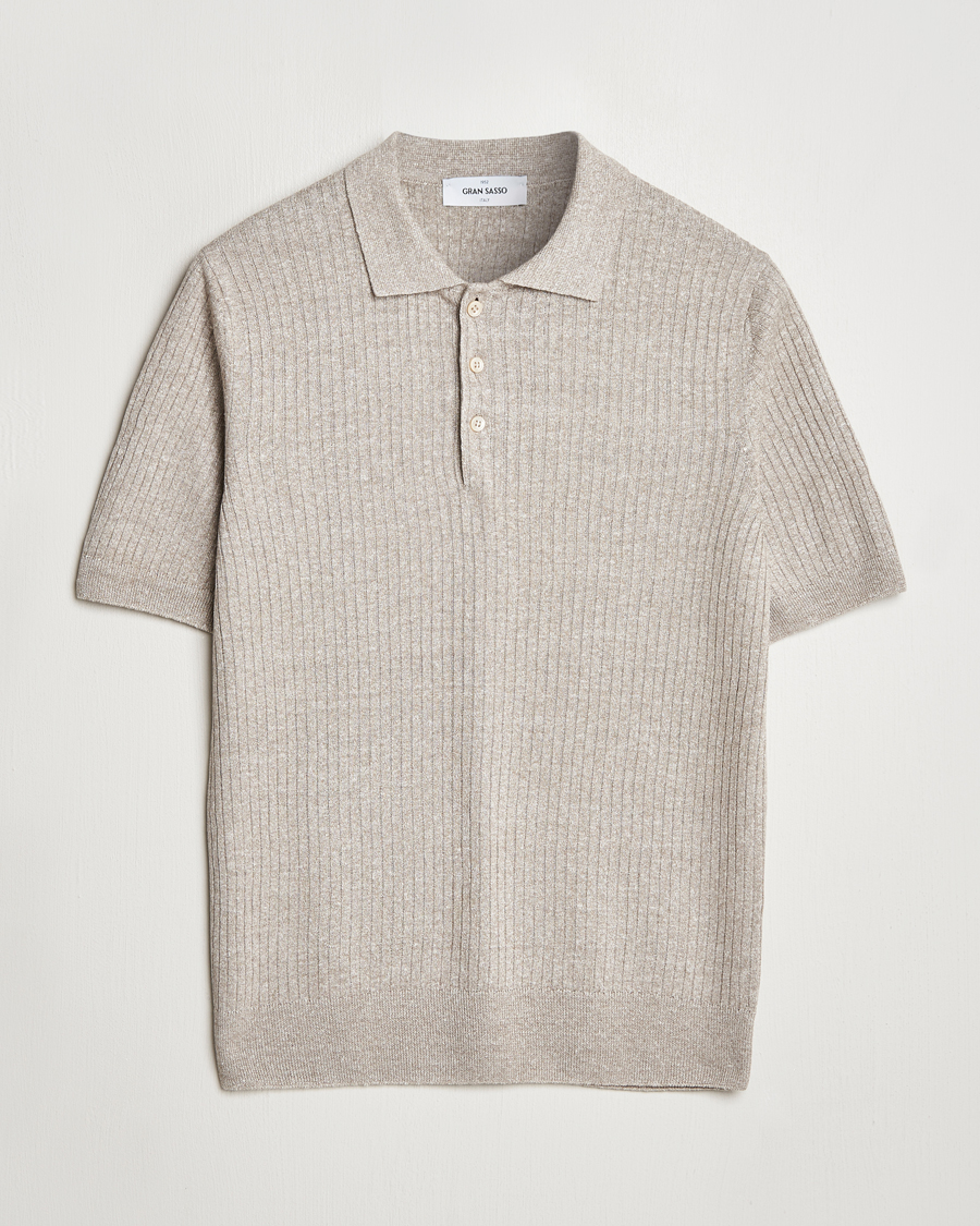 Homme | Polos | Gran Sasso | Linen/Cotton Structured Knitted Polo Beige Melange