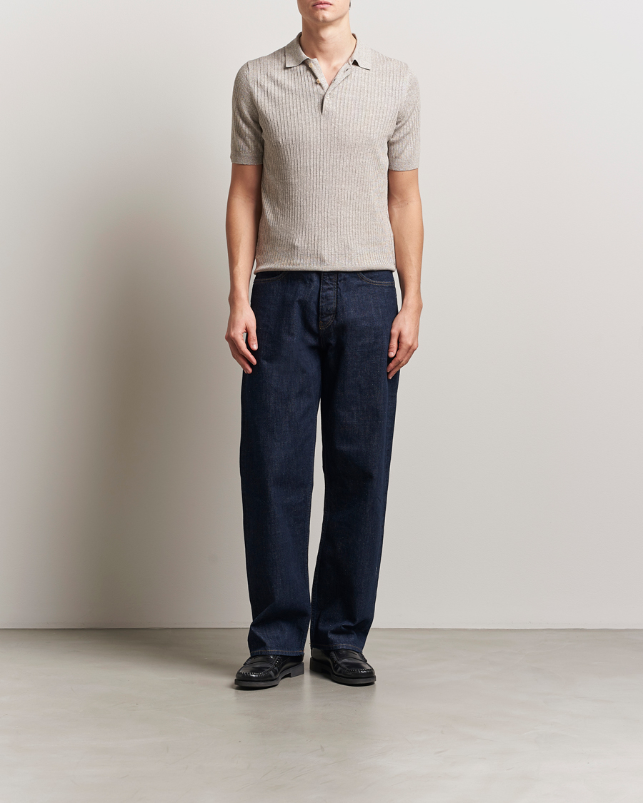 Homme | Polos | Gran Sasso | Linen/Cotton Structured Knitted Polo Beige Melange