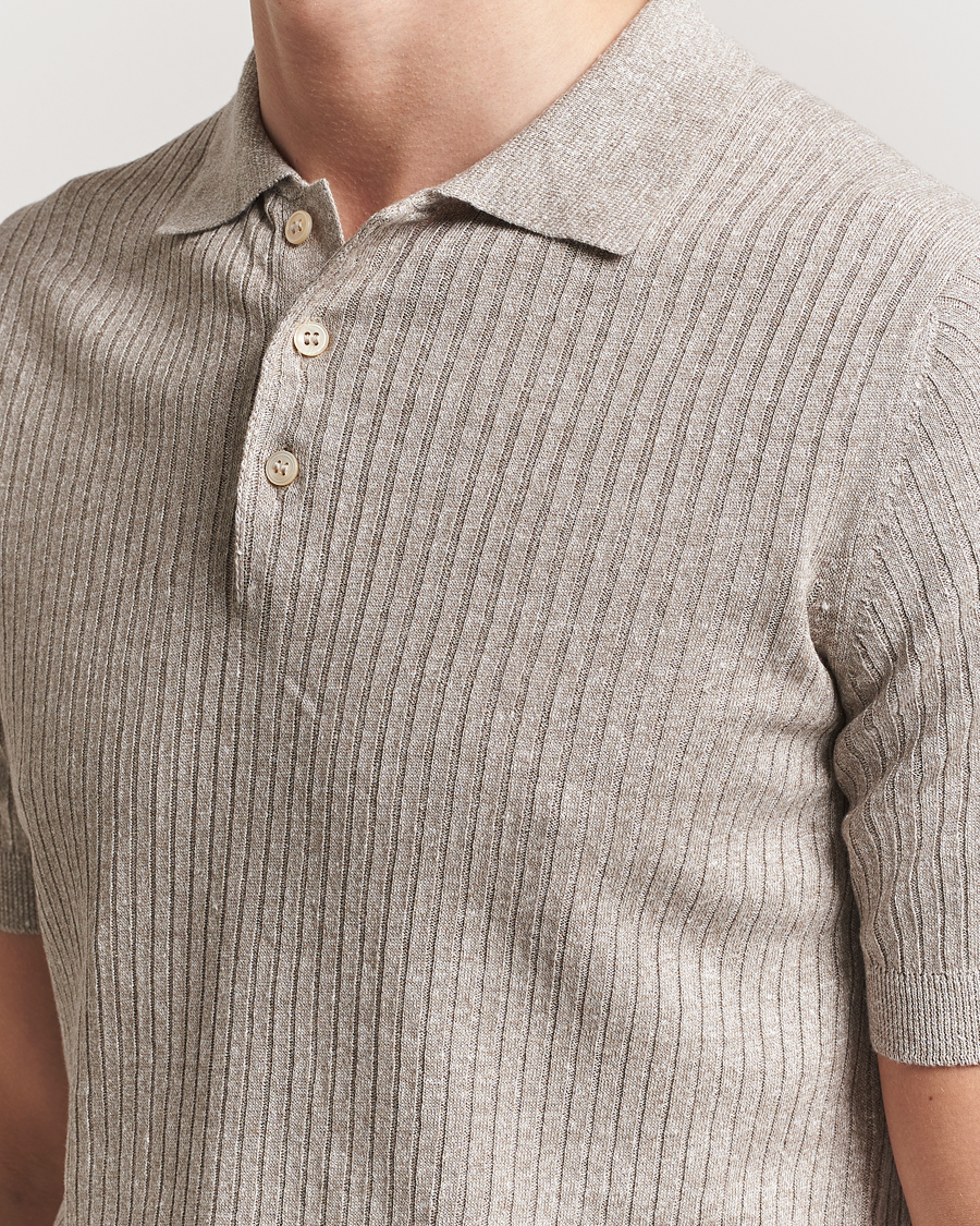 Homme | Polos | Gran Sasso | Linen/Cotton Structured Knitted Polo Beige Melange