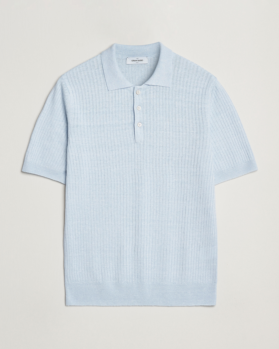 Homme | Polos | Gran Sasso | Linen/Cotton Structured Knitted Polo Blue Melange