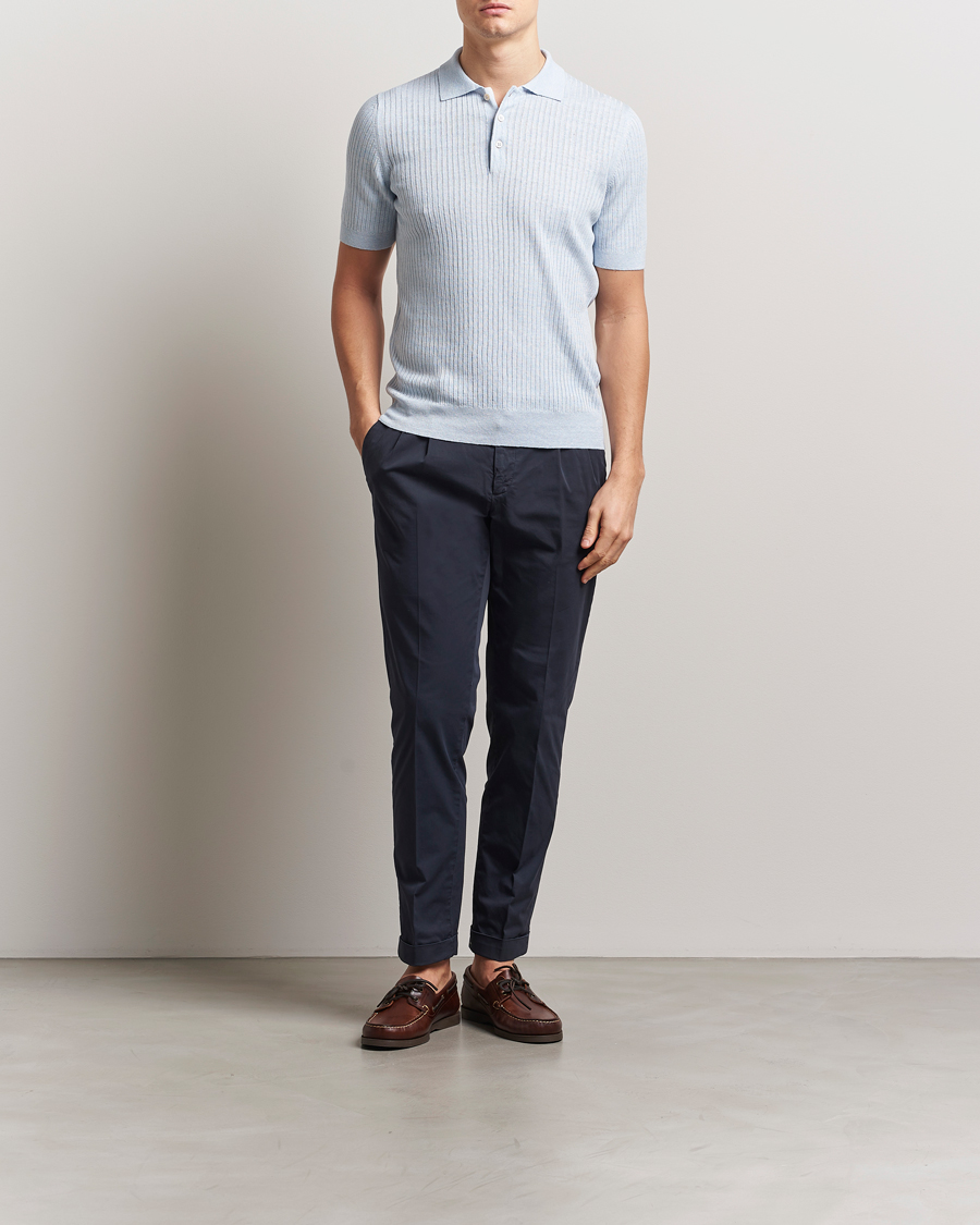 Homme | Polos | Gran Sasso | Linen/Cotton Structured Knitted Polo Blue Melange