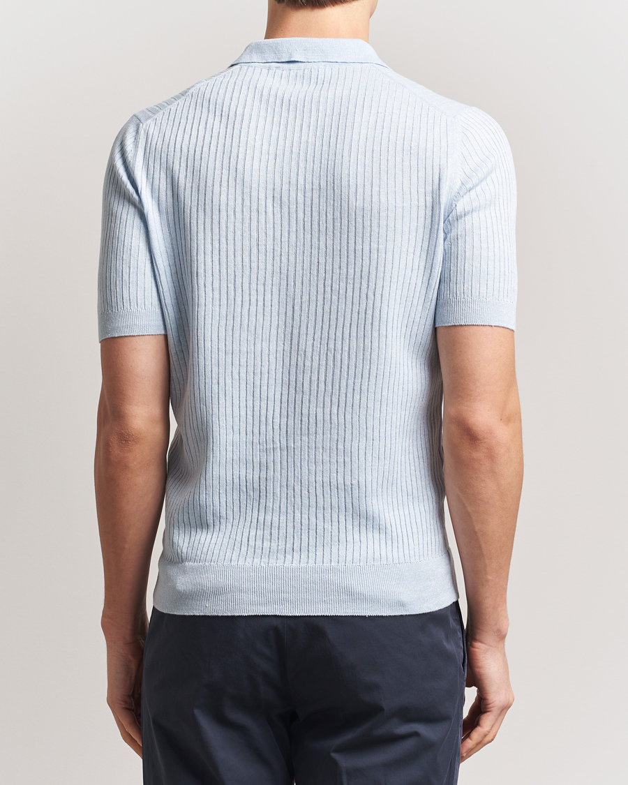 Homme | Polos | Gran Sasso | Linen/Cotton Structured Knitted Polo Blue Melange
