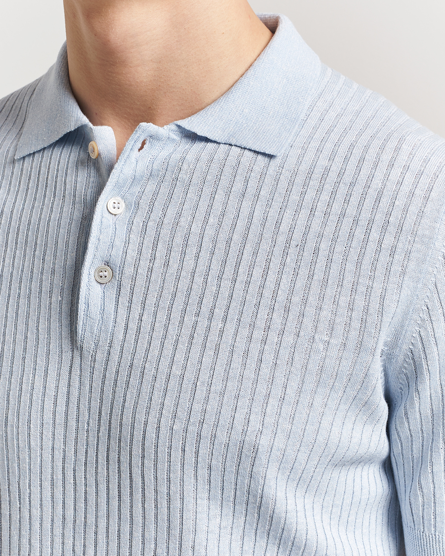Homme | Polos | Gran Sasso | Linen/Cotton Structured Knitted Polo Blue Melange