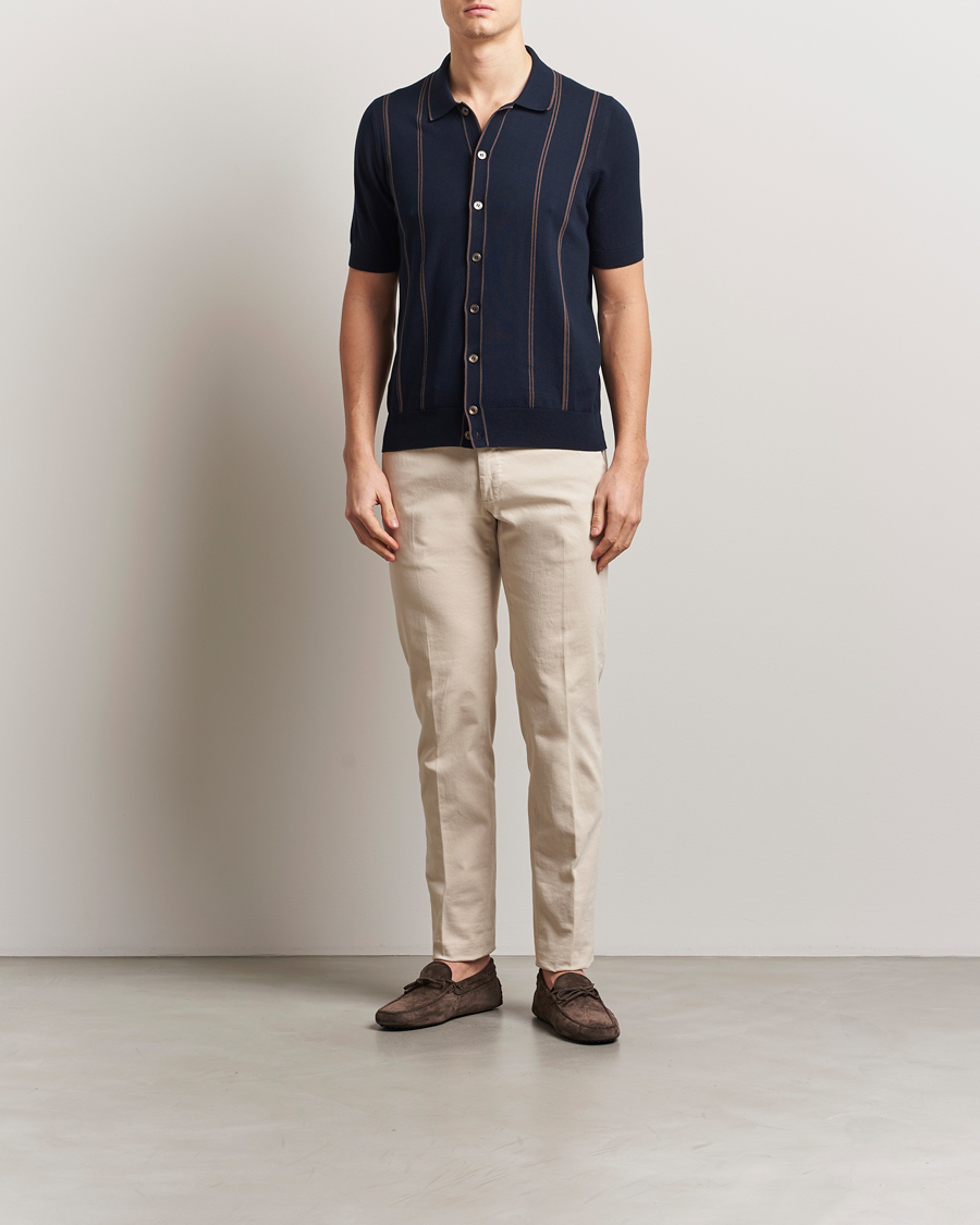 Homme | Chemises | Gran Sasso | Cotton Knitted Striped Short Sleeve Shirt Navy