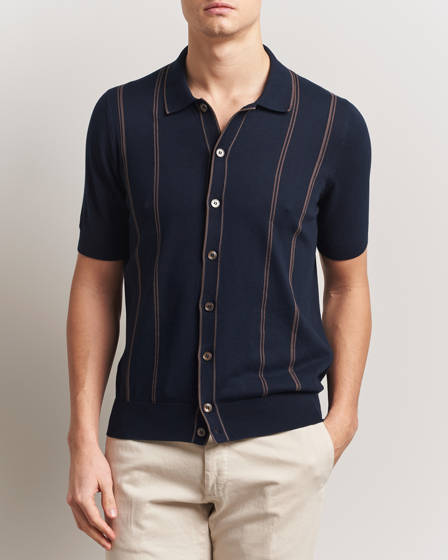Homme | Chemises | Gran Sasso | Cotton Knitted Striped Short Sleeve Shirt Navy