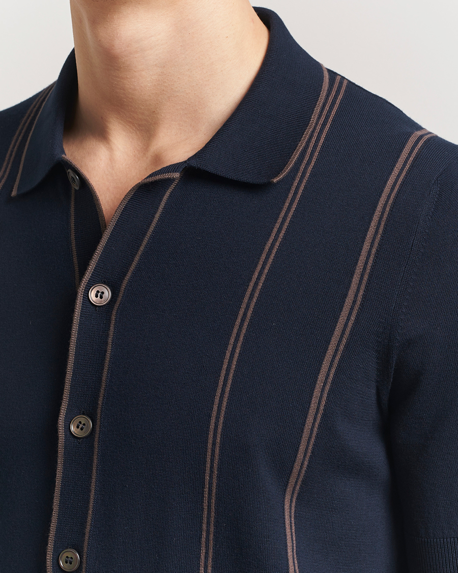 Homme | Chemises | Gran Sasso | Cotton Knitted Striped Short Sleeve Shirt Navy