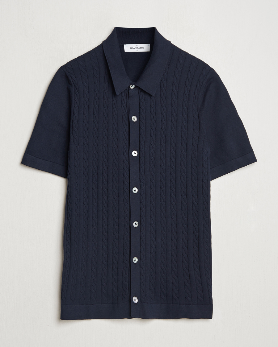 Homme | Chemises | Gran Sasso | Cotton Cable Knitted Short Sleeve Shirt Navy