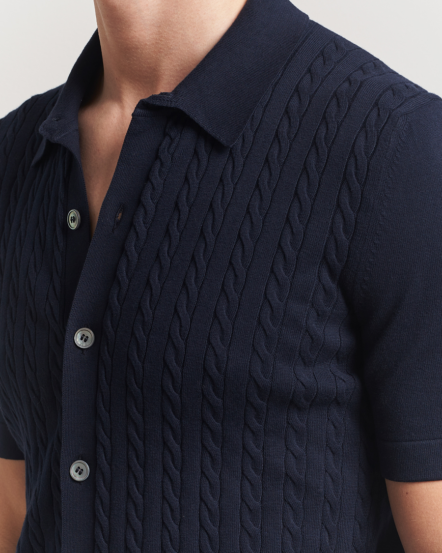 Homme | Chemises | Gran Sasso | Cotton Cable Knitted Short Sleeve Shirt Navy