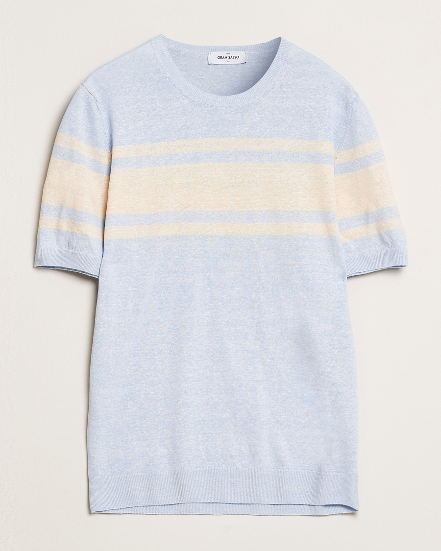 Homme | T-shirts | Gran Sasso | Linen/Cotton Striped Crew Neck T-Shirt Light Blue