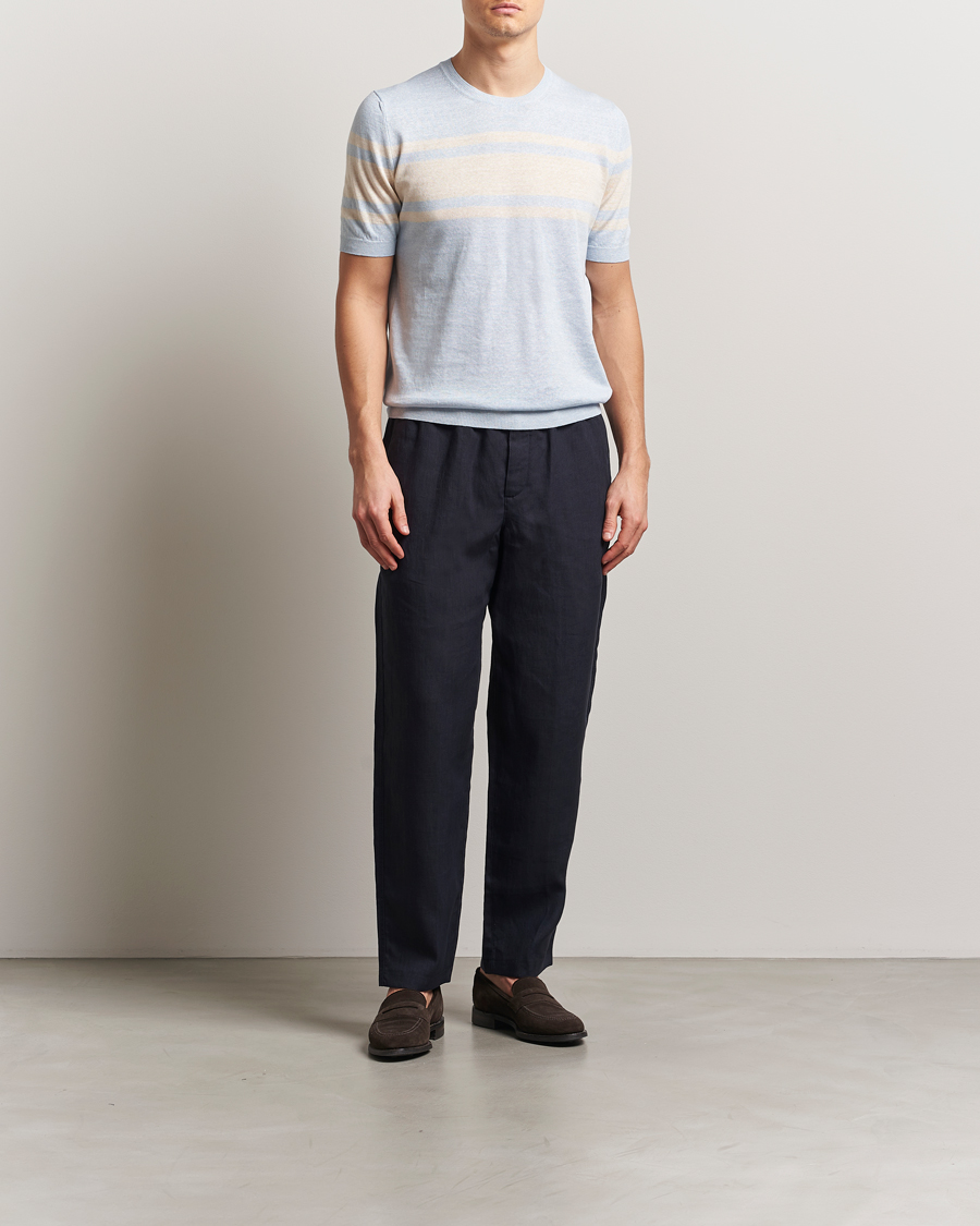 Homme | T-shirts | Gran Sasso | Linen/Cotton Striped Crew Neck T-Shirt Light Blue