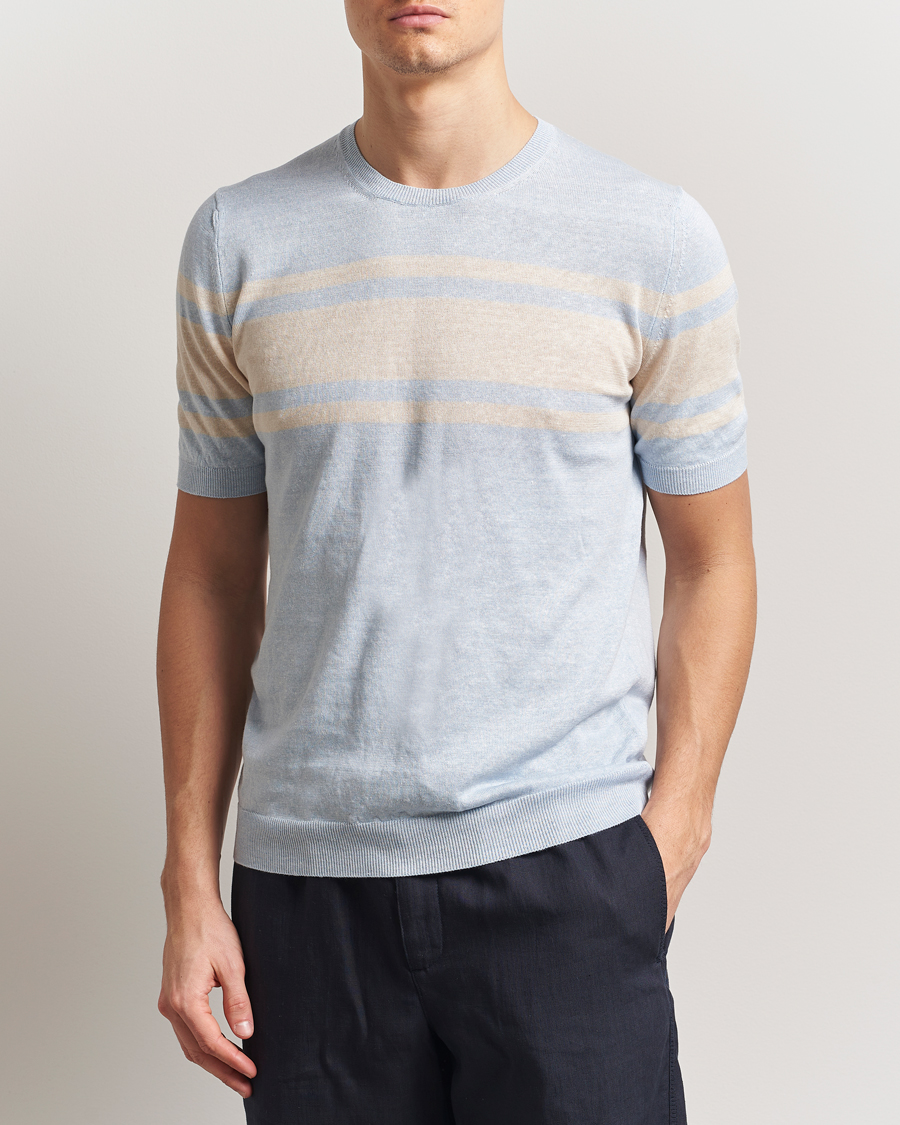 Homme | T-shirts | Gran Sasso | Linen/Cotton Striped Crew Neck T-Shirt Light Blue