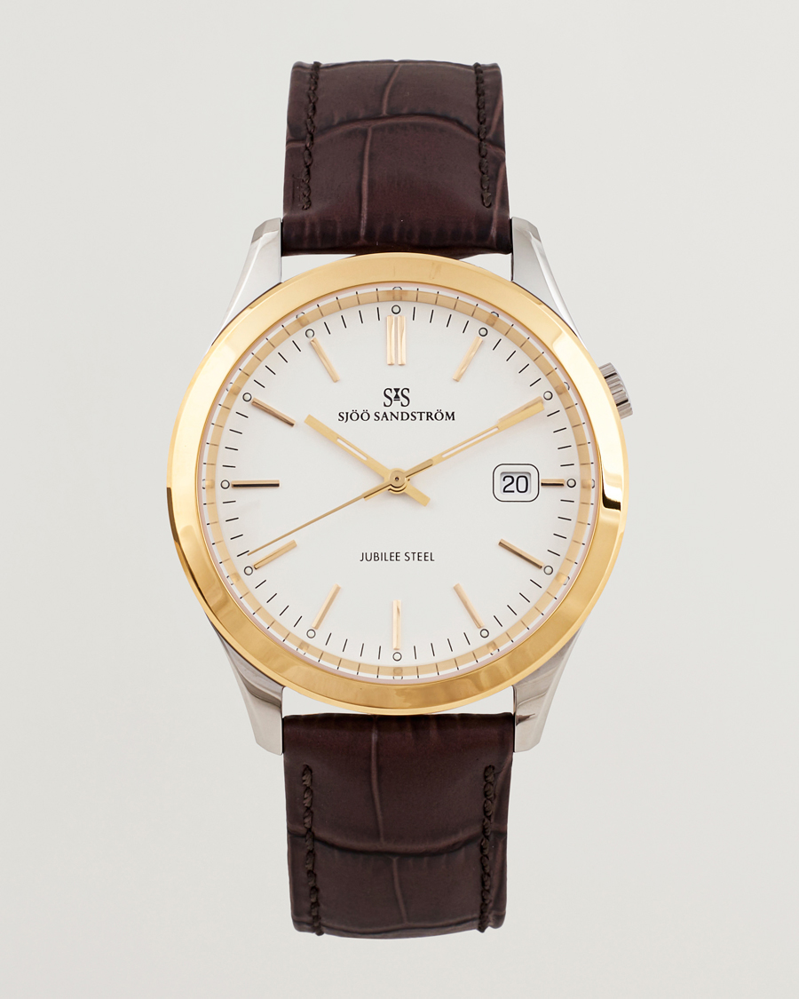 Homme | Sjöö Sandström Jubilee Steel Quartz 40mm Gold Bezel White/Brown Calf | Sjöö Sandström | Jubilee Steel Quartz 40mm Gold Bezel White/Brown Calf