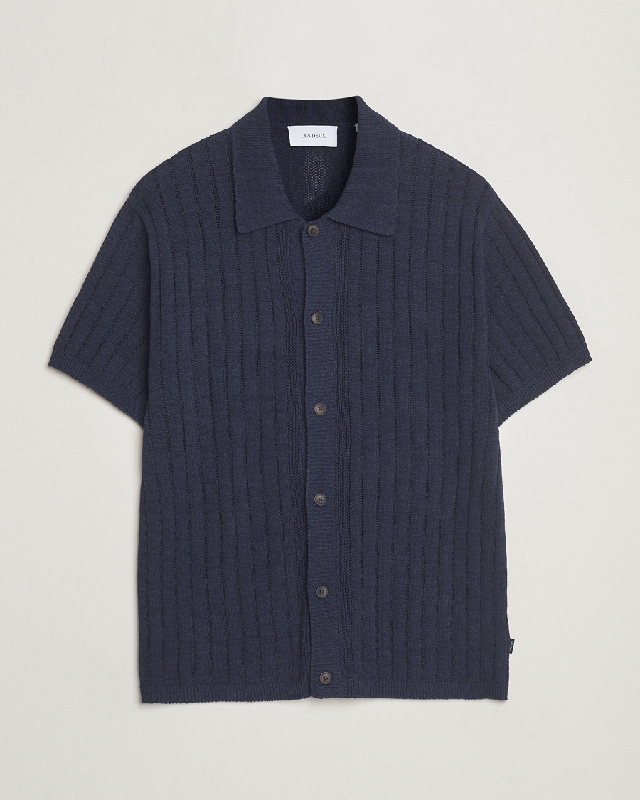 Homme | Chemises | LES DEUX | Floyd Knitted Linen Short Sleeve Shirt Dark Navy