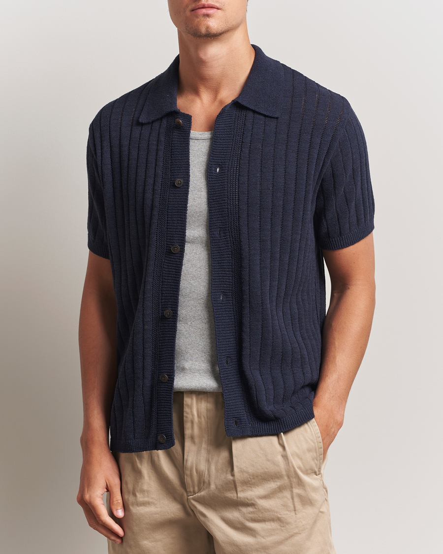 Homme | Chemises | LES DEUX | Floyd Knitted Linen Short Sleeve Shirt Dark Navy