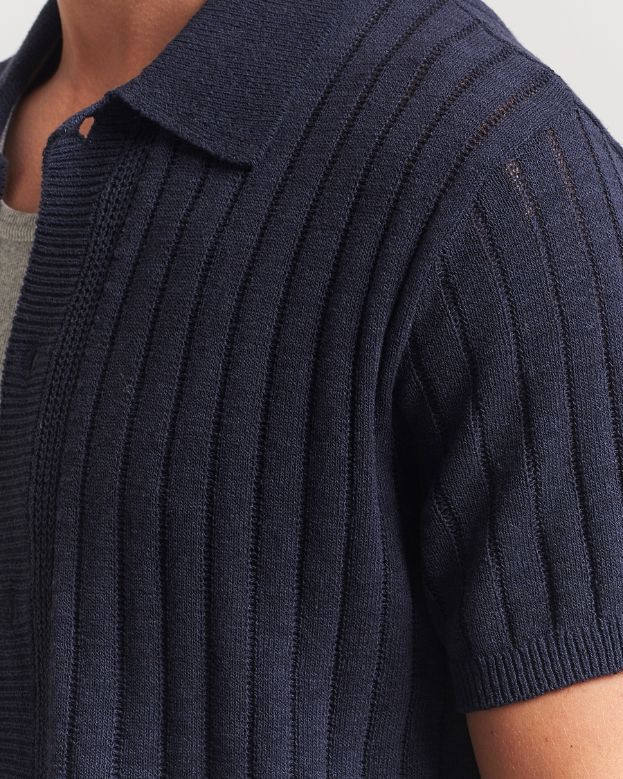 Homme | Chemises | LES DEUX | Floyd Knitted Linen Short Sleeve Shirt Dark Navy
