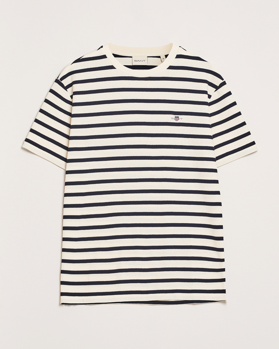 Homme | T-shirts | GANT | Waffle Textured Striped T-Shirt Cream