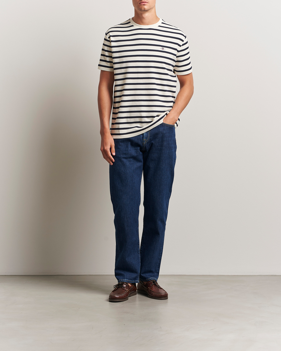 Homme | T-shirts | GANT | Waffle Textured Striped T-Shirt Cream