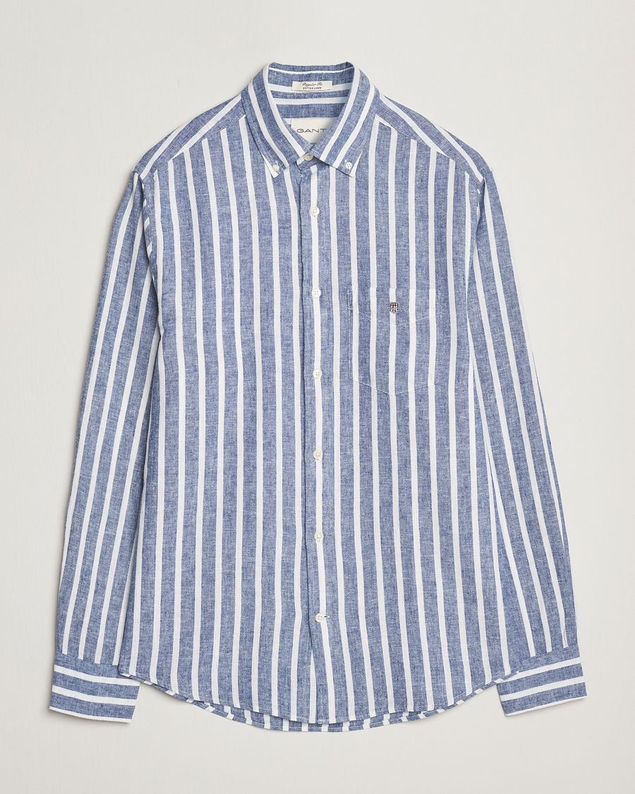 Homme | Chemises | GANT | Regular Fit Cotton/Linen Striped Shirt Rich Blue