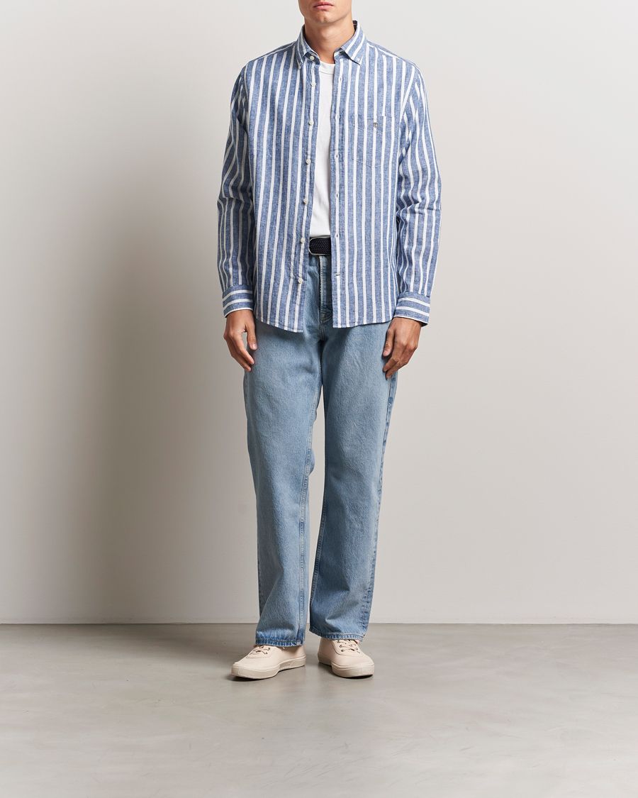 Homme | Chemises | GANT | Regular Fit Cotton/Linen Striped Shirt Rich Blue